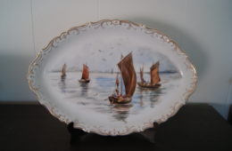 Niedersaltzbrunn dish with relief and with hand painted landscape with boats