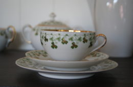 Stanowitz near Striegau tea cup, saucer and plate with green and gold clover