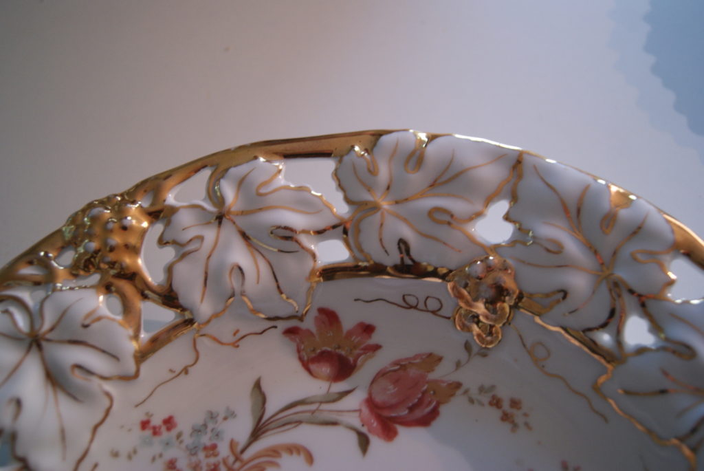 Waldenburg - Altwasser dish with flowers leaf and grapes relief and golden decor