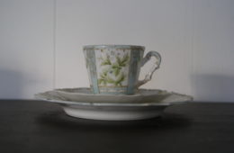 Niedersaltzbrunn Hermann Ohme cup with saucer and plate, handpainted green flowers and leaves, blue color, golden decor