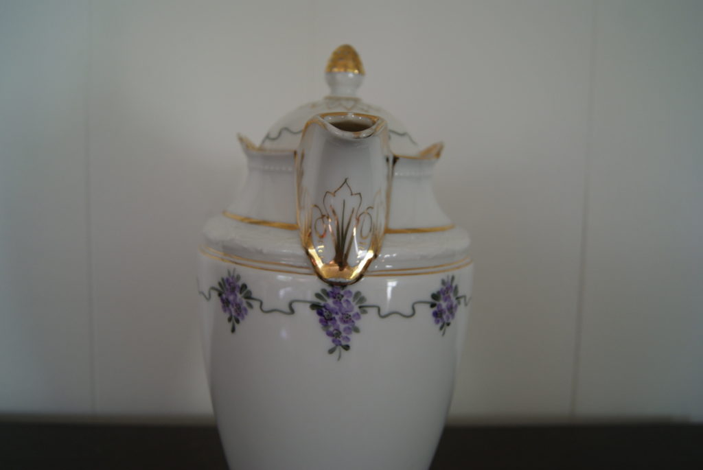 Niedersaltzbrunn Hermann Ohme chocolate pot with relief, blue flowers and gold decor