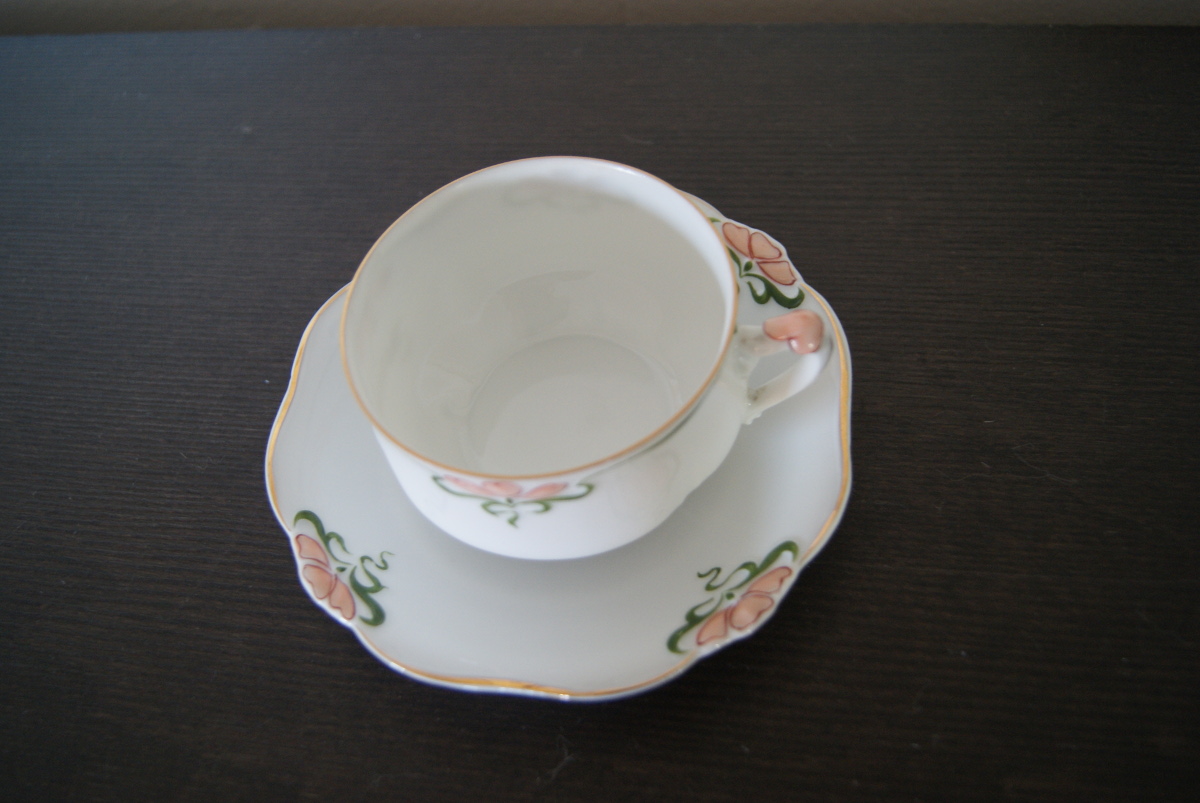 Niedersaltzbrunn Hermann Ohme cup with saucer with green and red decor and Astrid