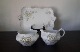 Porsgrund sugar bowl, milk jug and tray set with white flowers