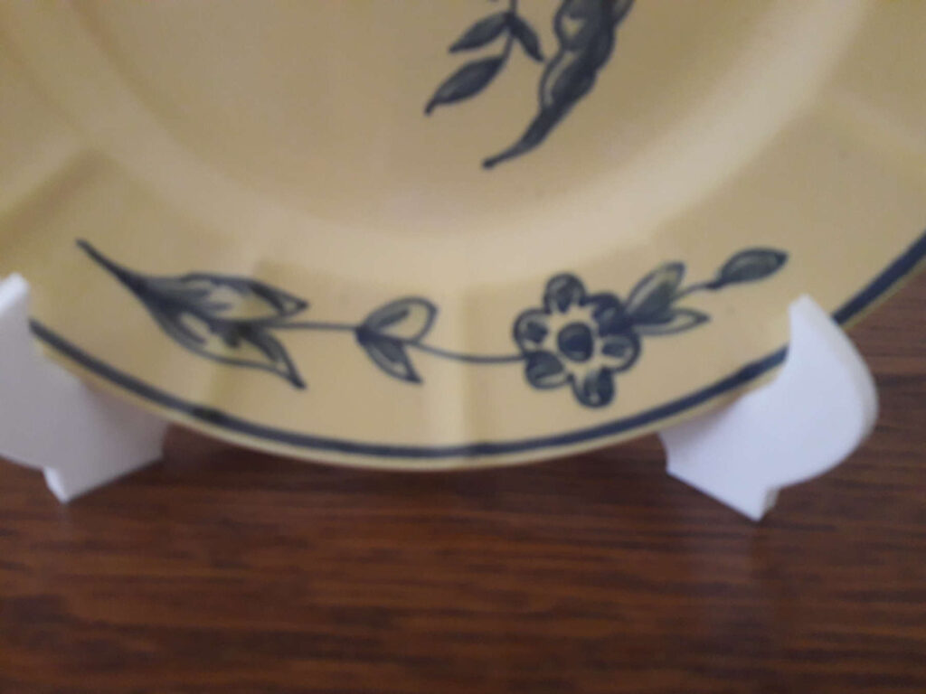 Egersund yellow glaze plate with hand painted rococco decor with blue bird and flowers