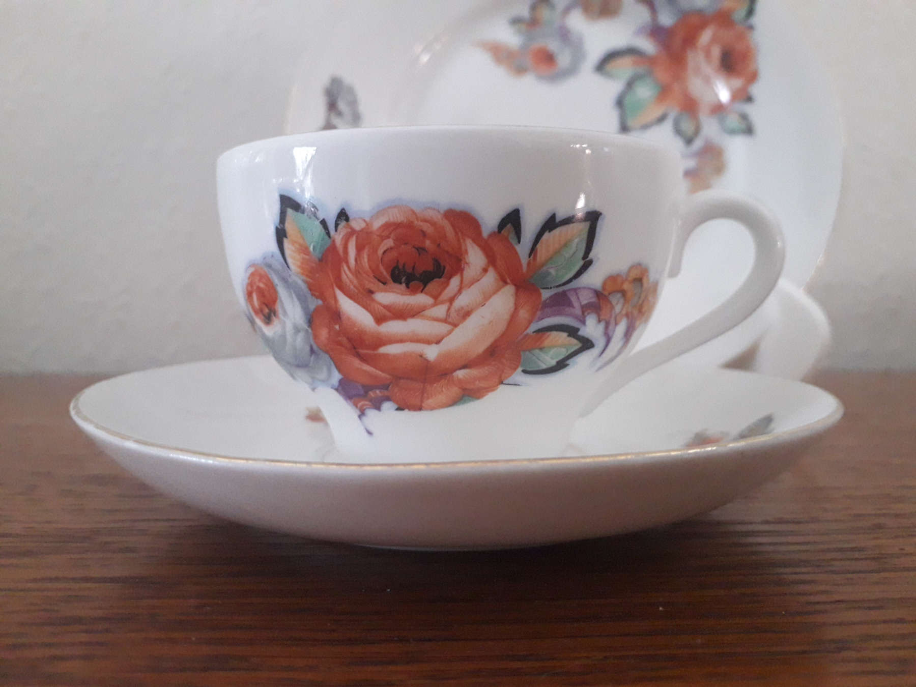 Porsgrund Cup With Saucer And Plate With Flowers Roses And Grey Leaves Porsgrund Cup With Saucer And Plate With Flowers Roses And Grey Leaves