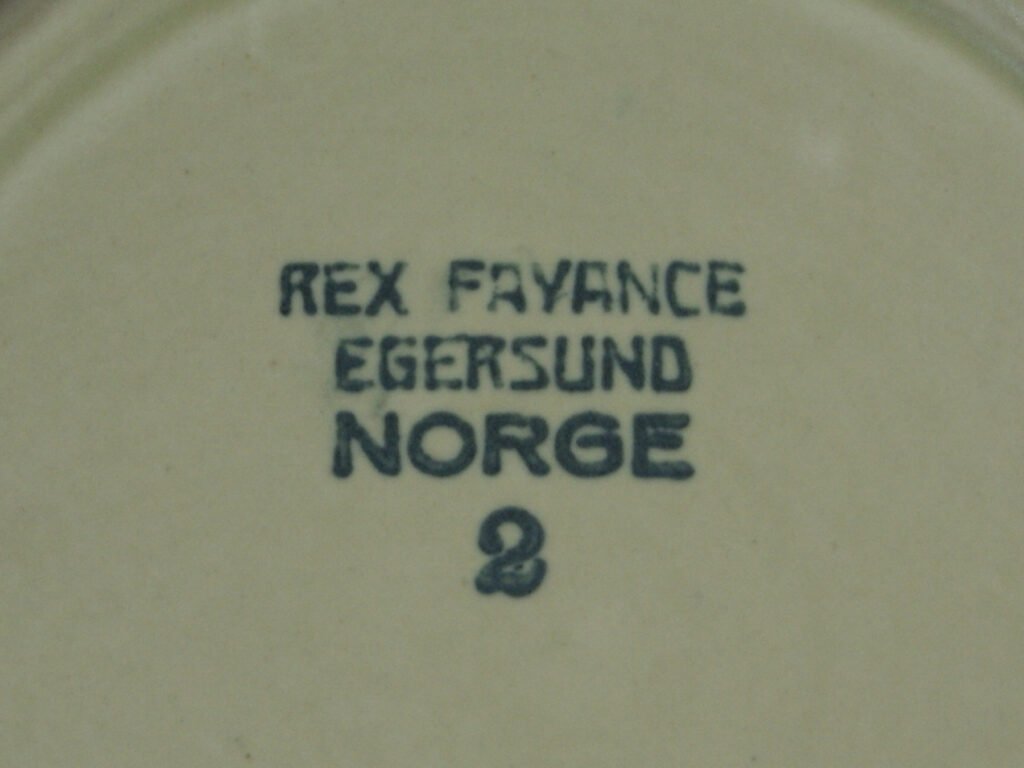 Egersunds Fayancefabrik stempel, Rex Fayance Egersund Norge, Egersund, Norge. Circa 1930.